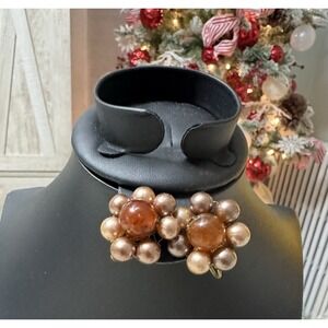 Vintage Amber Lucite Faux Pearl Cluster Clip On Earrings Gold Tone Retro Bold